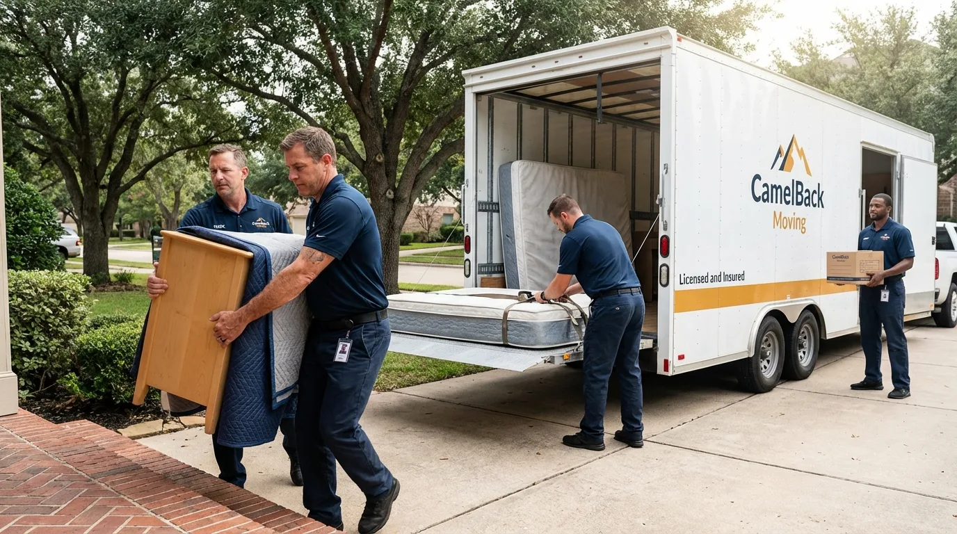 Crew loading residential truck for cross-state move from Morro Bay, CA