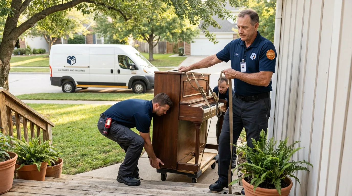 Licensed piano movers securing grand piano in Morro Bay, CA