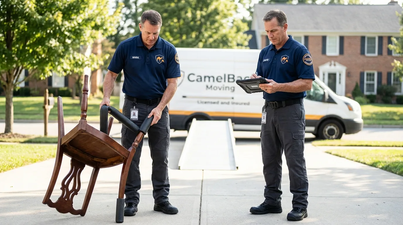 Movers inspecting furniture for damage prevention before loading in Morro Bay, CA