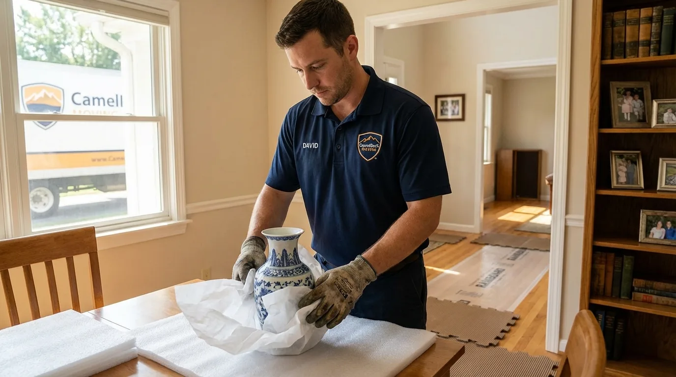 Professional crew carefully wrapping antique vase for senior downsizing move in Morro Bay, CA